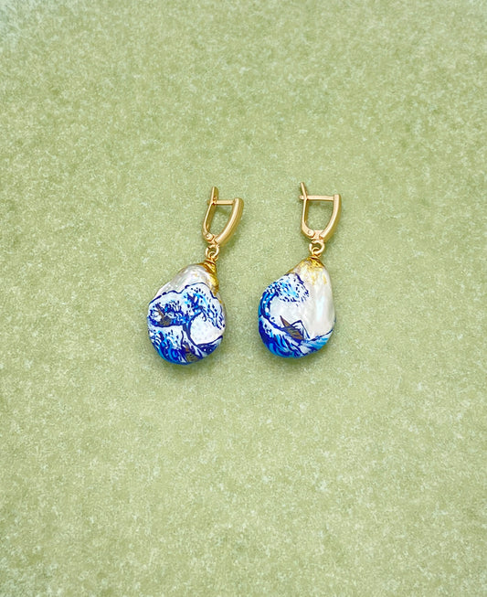 Great Wave off Kanagawa Baroque Pearl Drop Earrings