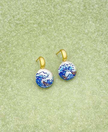 Great Wave off Kanagawa Round Baroque Pearl Drop Earrings